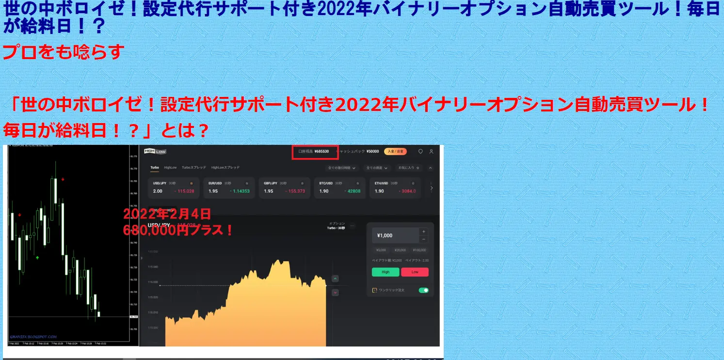 世の中ボロイゼ！設定代行サポート付き バイナリーオプション自動売買ツール！